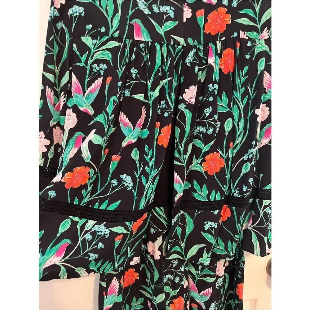 Kate Spade Hummingbird Floral Romper Black Crepe Tassel XS